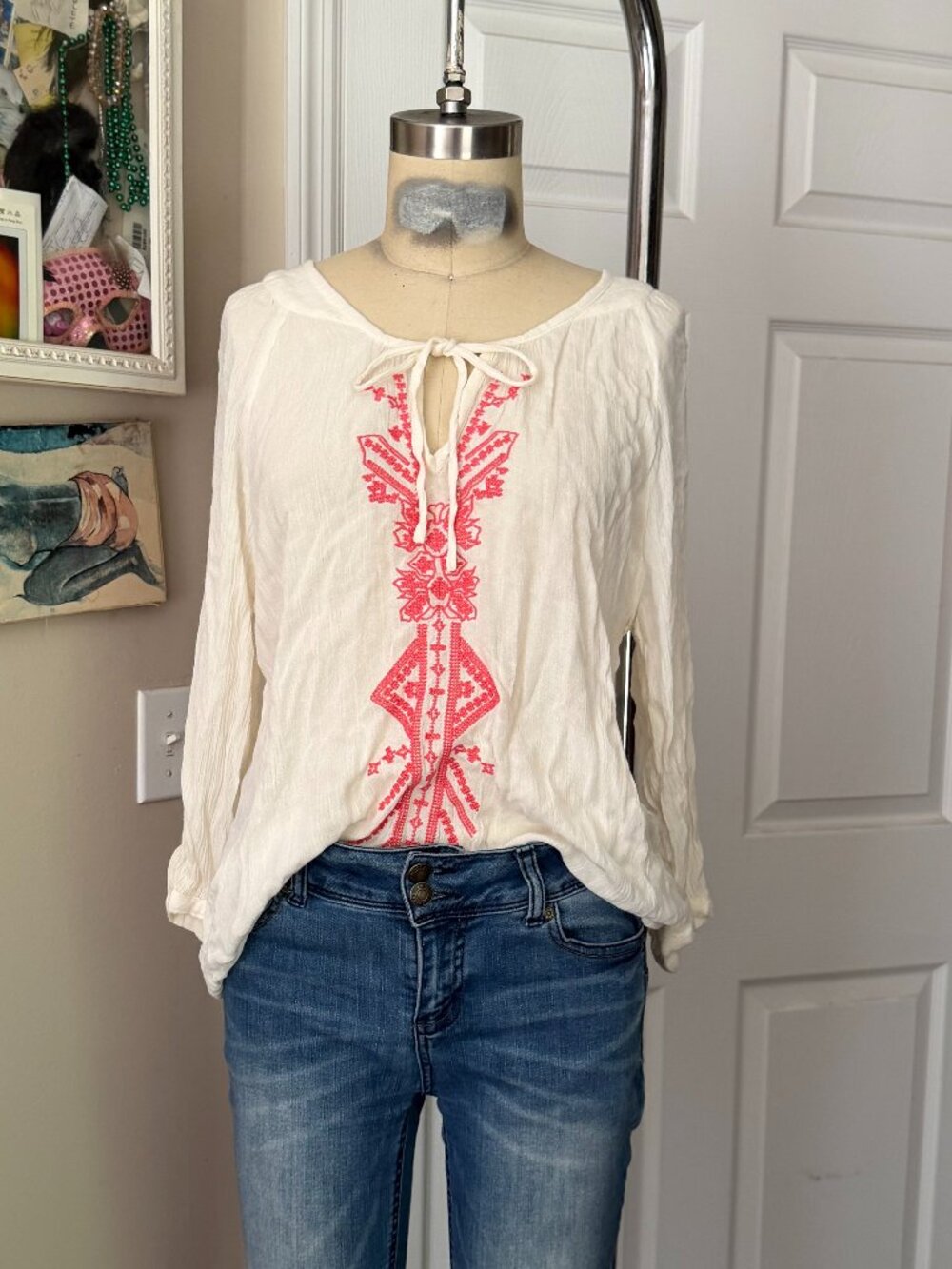 Ali & KRIS White GAUZE Seersucker BOHO Embroidered Lounge Tunic shirt *SMALL*